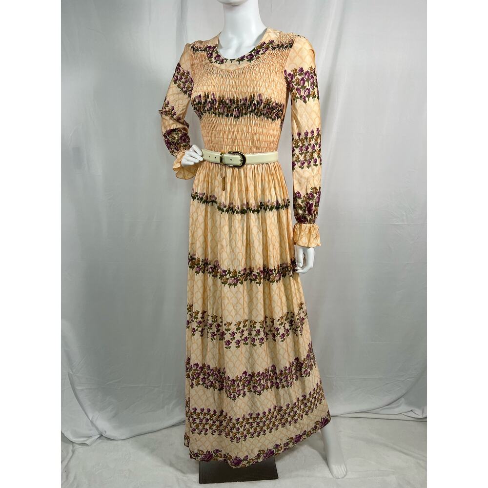 Vintage 70s Boho Peach and Floral Print Long Sleeve Maxi Dress XS